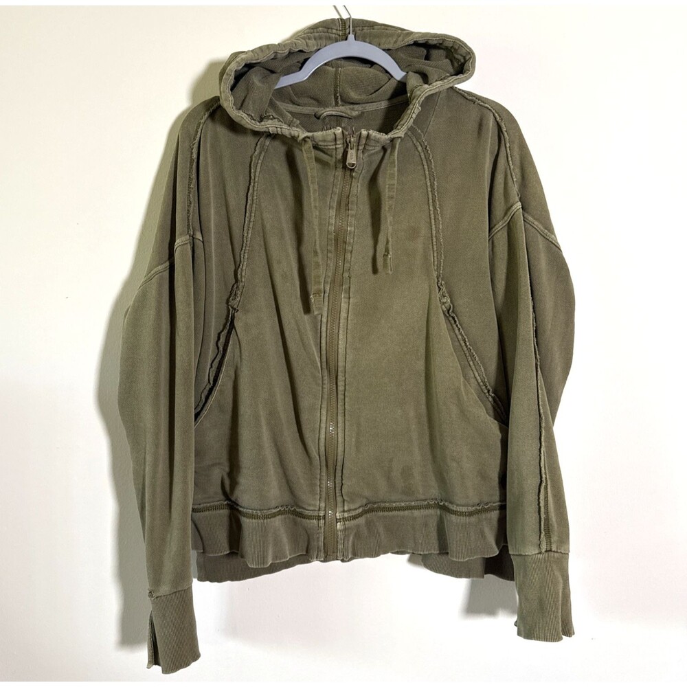 Free People Movement Only One Zip Hoodie Size Large Green Distressed Design